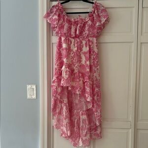 LoveShackFancy Pink and White Ruffled High-Low Sundress